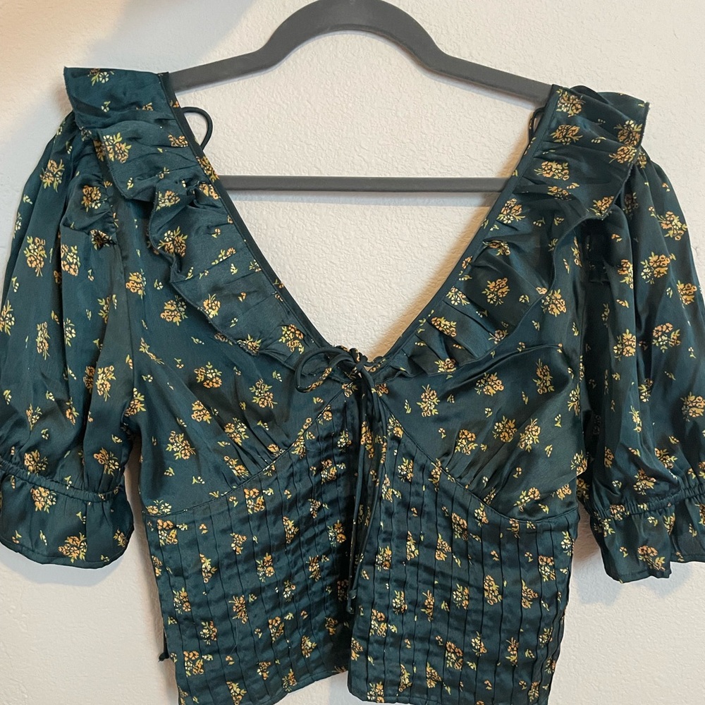 Free people green satin puff sleeve babydoll top